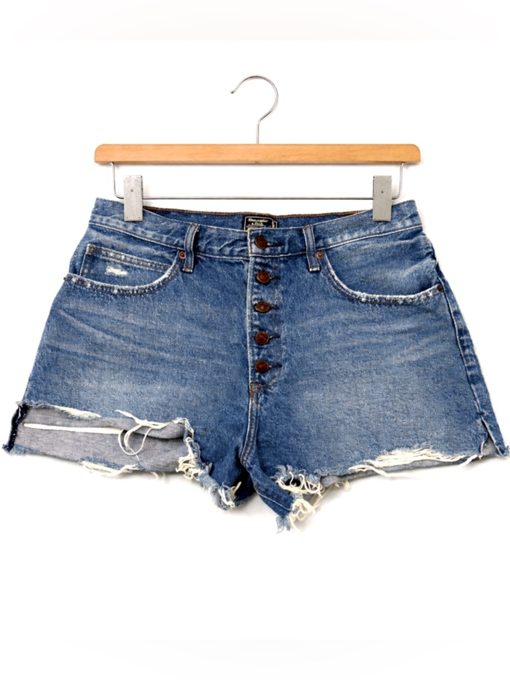 Abercrombie & Fitch High Rise Button Fly Denim Shorts Frayed Hem Size 32